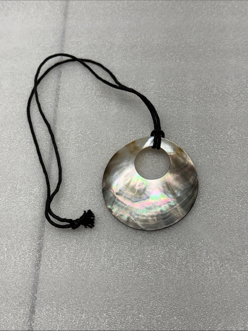 Iridescent Brown Shell Donut Pendant Necklace with Black Cord